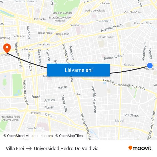 Villa Frei to Universidad Pedro De Valdivia map