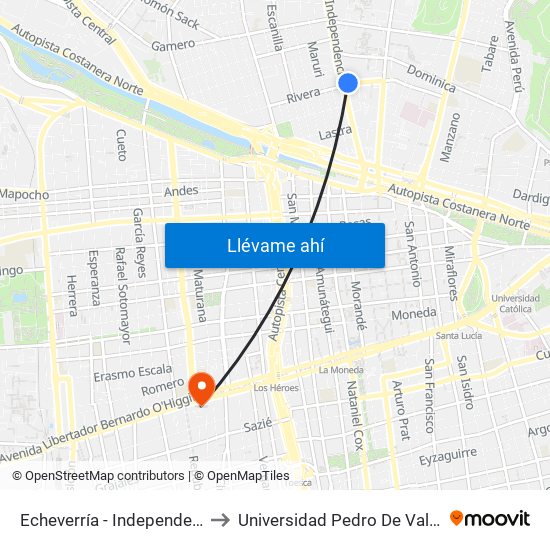 Echeverría - Independencia to Universidad Pedro De Valdivia map