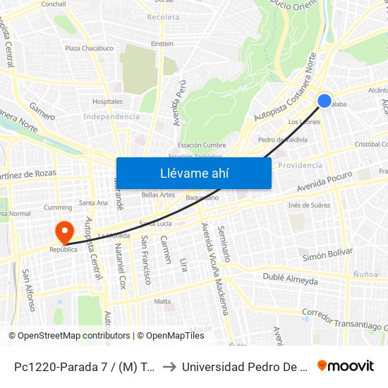 Pc1220-Parada 7 / (M) Tobalaba to Universidad Pedro De Valdivia map