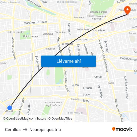 Cerrillos to Neuropsiquiatría map