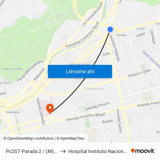 Pc207-Parada 2 / (M) Tobalaba to Hospital Instituto Nacional Del Tórax map