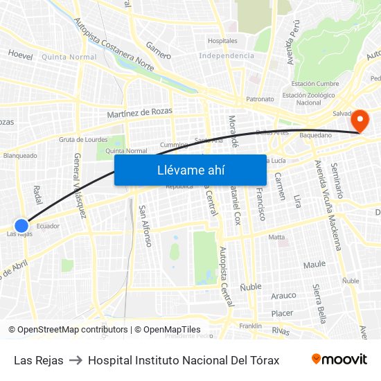 Las Rejas to Hospital Instituto Nacional Del Tórax map