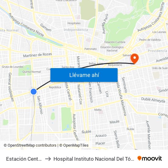 Estación Central to Hospital Instituto Nacional Del Tórax map