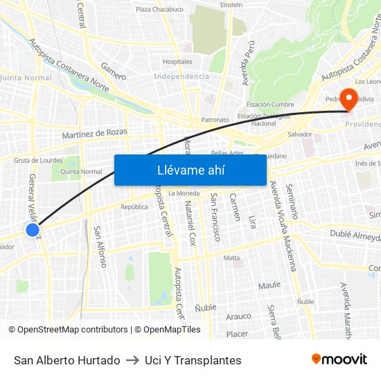 San Alberto Hurtado to Uci Y Transplantes map