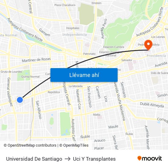 Universidad De Santiago to Uci Y Transplantes map