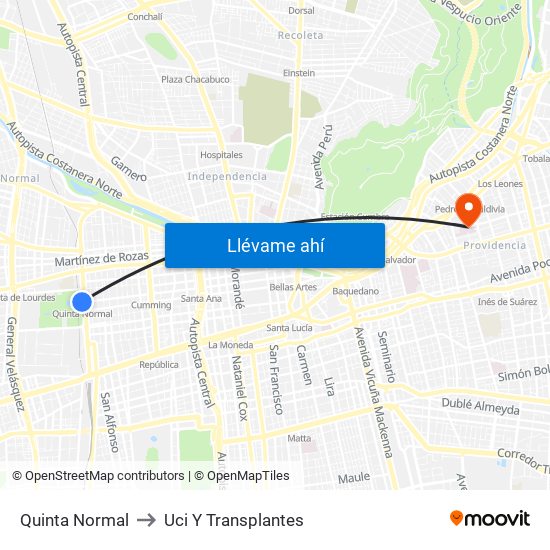 Quinta Normal to Uci Y Transplantes map