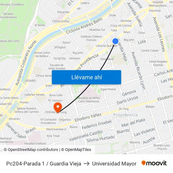 Pc204-Parada 1 / Guardia Vieja to Universidad Mayor map