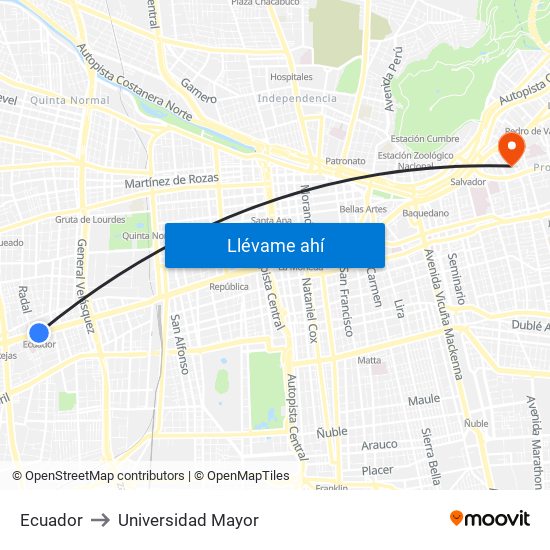 Ecuador to Universidad Mayor map