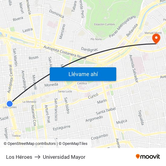 Los Héroes to Universidad Mayor map