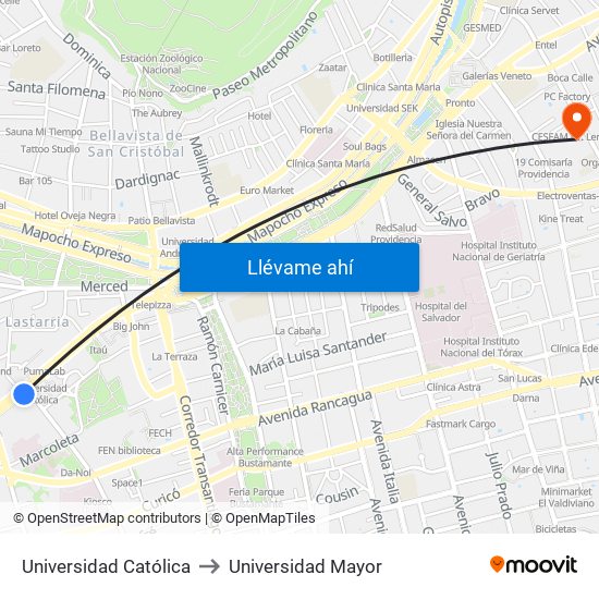 Universidad Católica to Universidad Mayor map