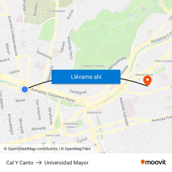 Cal Y Canto to Universidad Mayor map