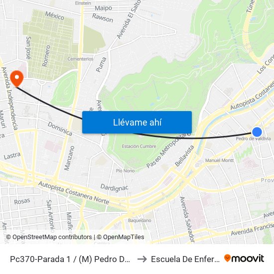 Pc370-Parada 1 / (M) Pedro De Valdivia to Escuela De Enfermería map