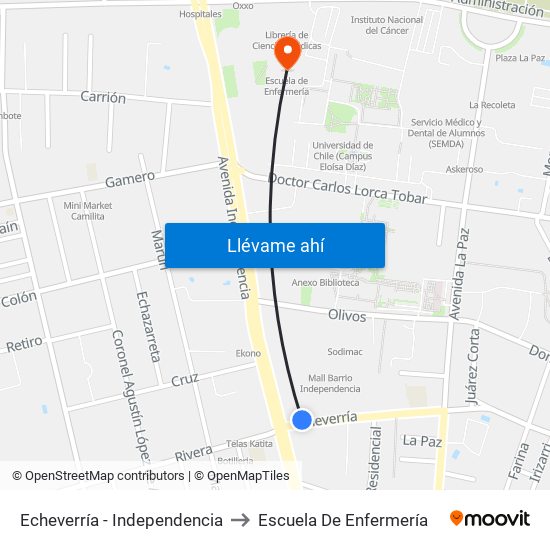 Echeverría - Independencia to Escuela De Enfermería map