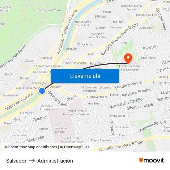 Salvador to Administración map