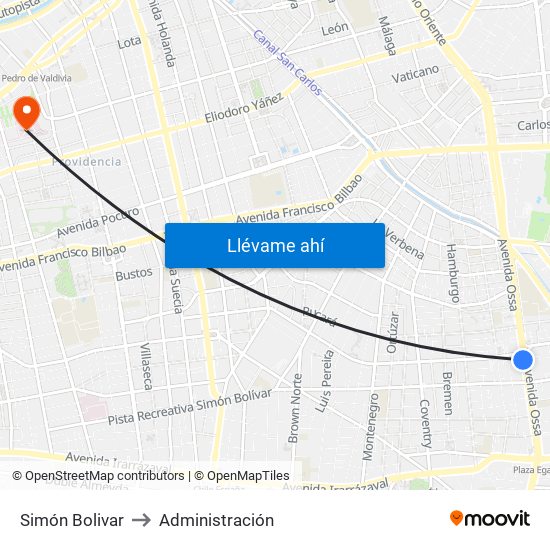 Simón Bolivar to Administración map