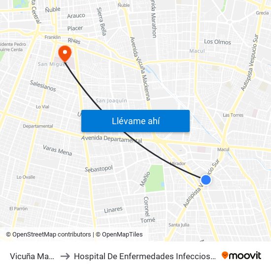 Vicuña Mackenna to Hospital De Enfermedades Infecciosas Lucio Córdova map