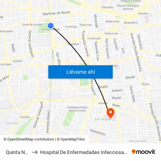 Quinta Normal to Hospital De Enfermedades Infecciosas Lucio Córdova map