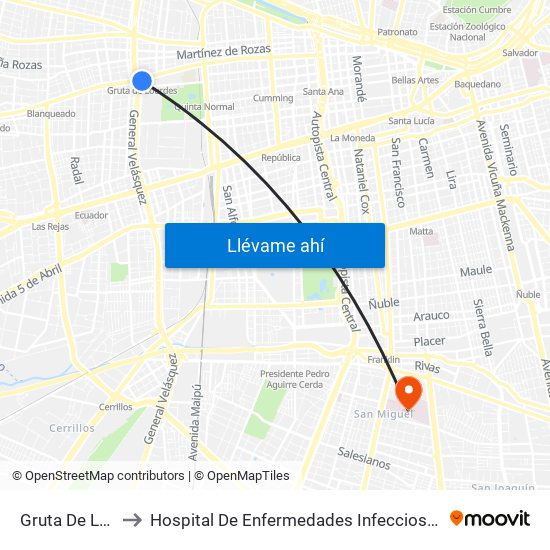Gruta De Lourdes to Hospital De Enfermedades Infecciosas Lucio Córdova map