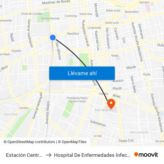 Estación Central (Anden1) to Hospital De Enfermedades Infecciosas Lucio Córdova map