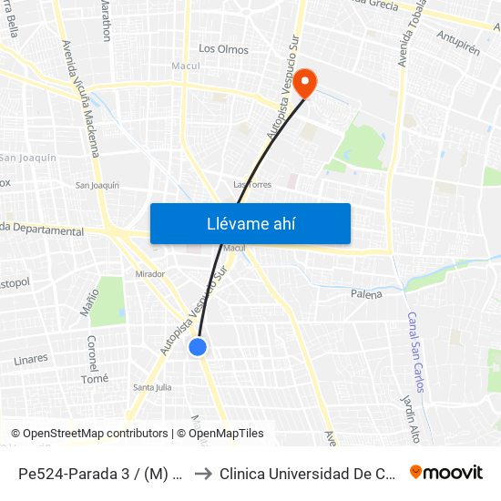 Pe524-Parada 3 / (M) Vicente Valdés to Clinica Universidad De Chile Paseo Quilin map