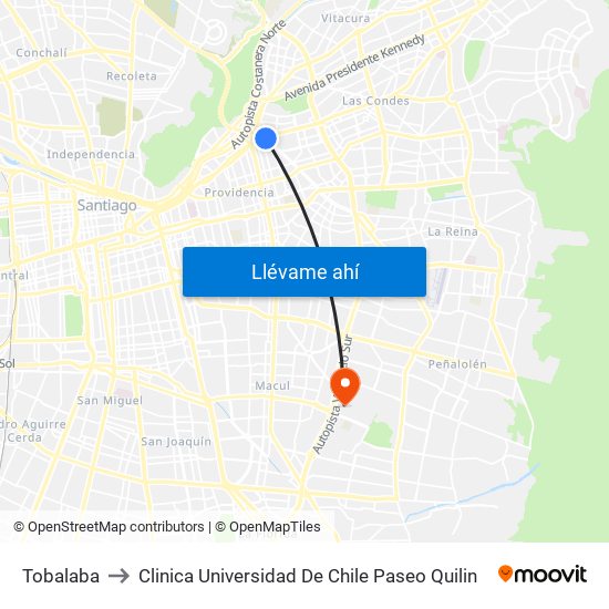 Tobalaba to Clinica Universidad De Chile Paseo Quilin map