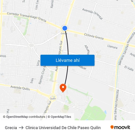 Grecia to Clinica Universidad De Chile Paseo Quilin map