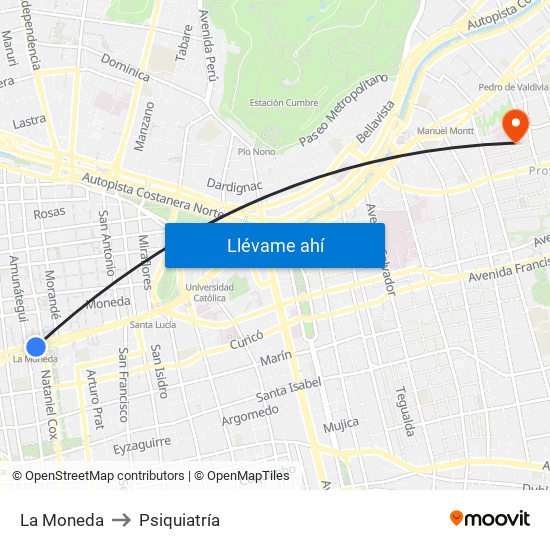 La Moneda to Psiquiatría map