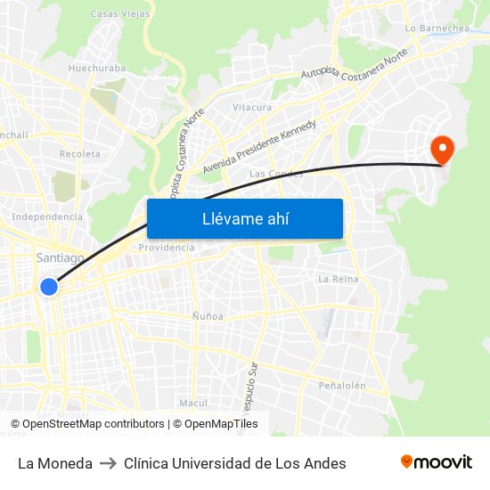 La Moneda to Clínica Universidad de Los Andes map