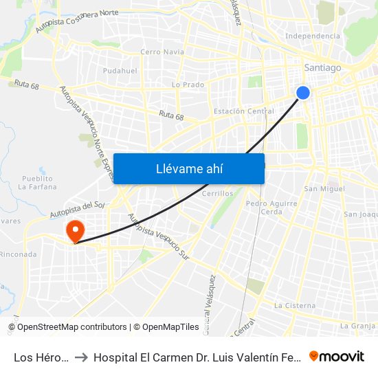 Los Héroes to Hospital El Carmen Dr. Luis Valentín Ferrada map