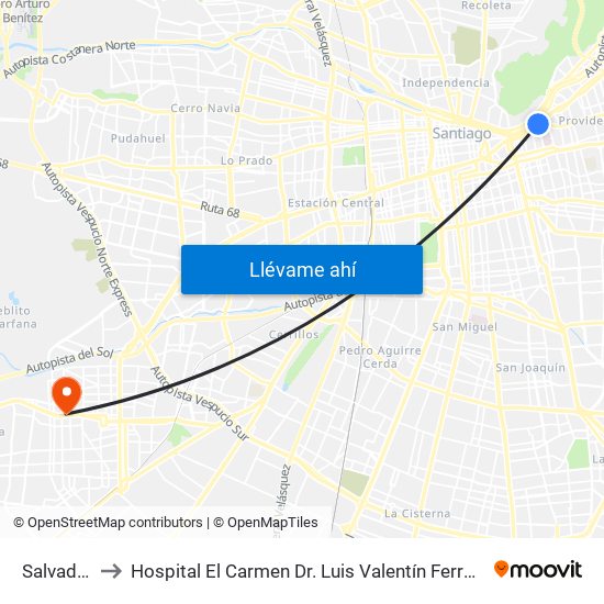 Salvador to Hospital El Carmen Dr. Luis Valentín Ferrada map