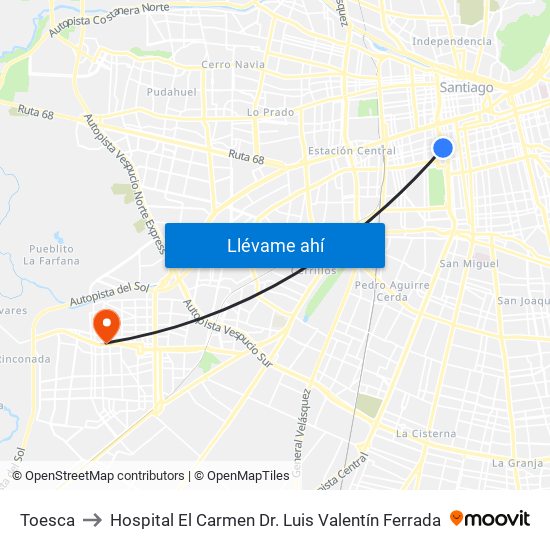 Toesca to Hospital El Carmen Dr. Luis Valentín Ferrada map