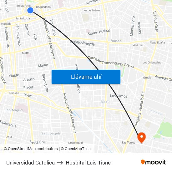 Universidad Católica to Hospital Luis Tisné map