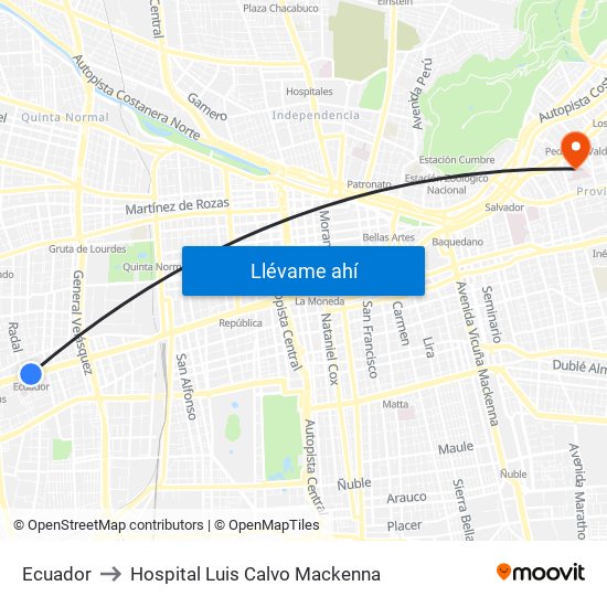 Ecuador to Hospital Luis Calvo Mackenna map