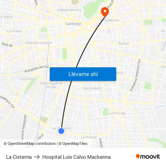 La Cisterna to Hospital Luis Calvo Mackenna map