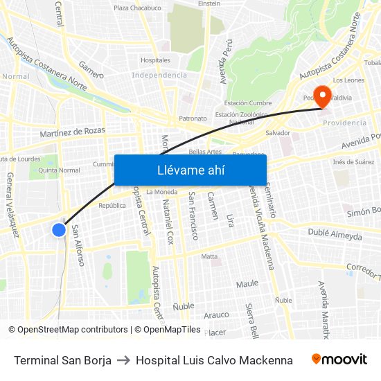 Terminal San Borja to Hospital Luis Calvo Mackenna map