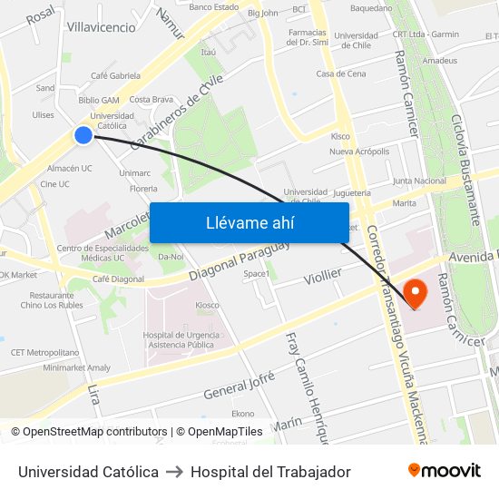 Universidad Católica to Hospital del Trabajador map