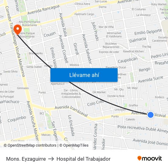 Mons. Eyzaguirre to Hospital del Trabajador map