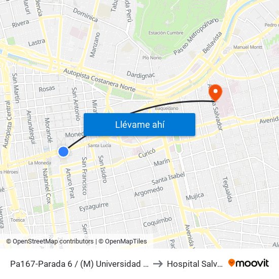 Pa167-Parada 6 / (M) Universidad De Chile to Hospital Salvador map