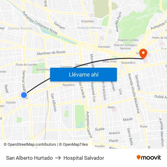 San Alberto Hurtado to Hospital Salvador map