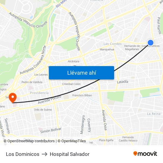 Los Dominicos to Hospital Salvador map