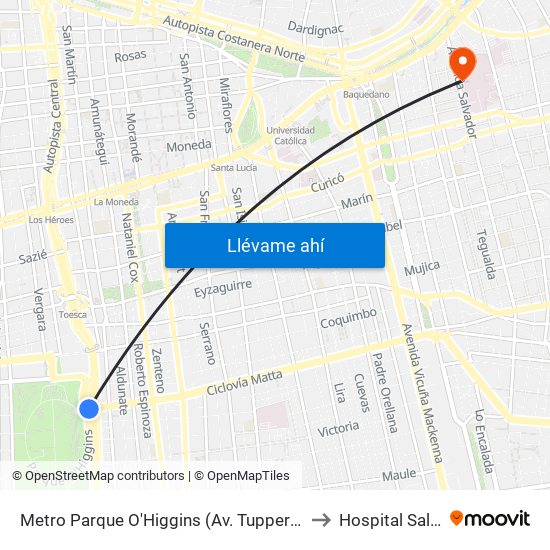Metro Parque O'Higgins (Av. Tupper Esq. Av. Viel) to Hospital Salvador map