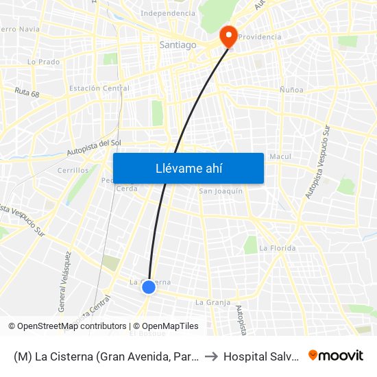 (M) La Cisterna (Gran Avenida, Parad. 25) to Hospital Salvador map