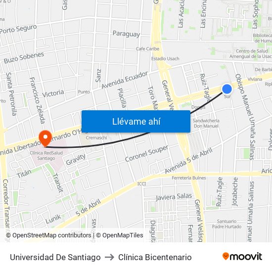 Universidad De Santiago to Clínica Bicentenario map