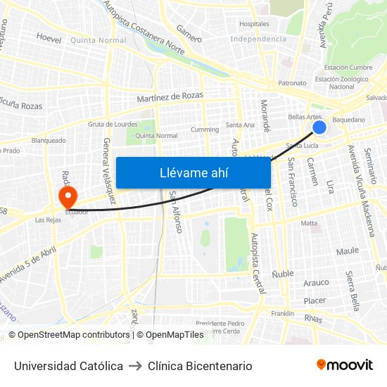 Universidad Católica to Clínica Bicentenario map