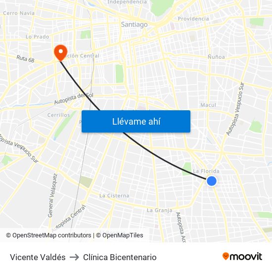 Vicente Valdés to Clínica Bicentenario map