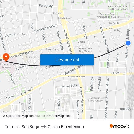 Terminal San Borja to Clínica Bicentenario map