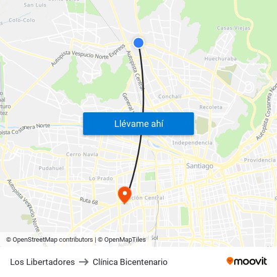 Los Libertadores to Clínica Bicentenario map