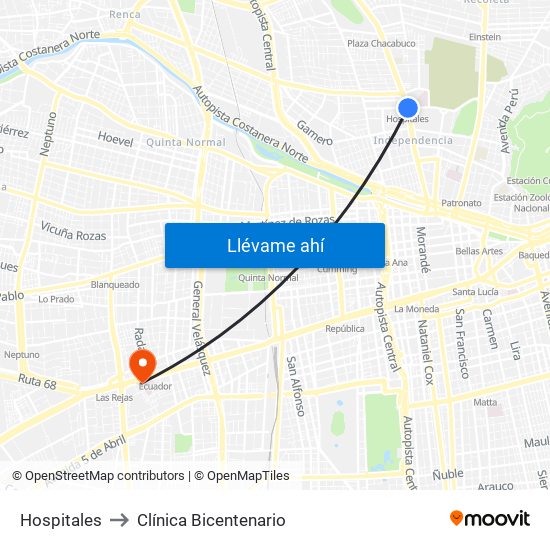 Hospitales to Clínica Bicentenario map