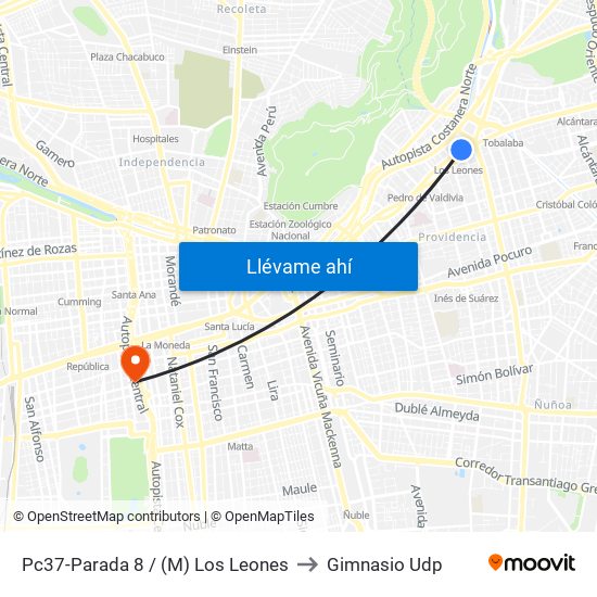 Pc37-Parada 8 / (M) Los Leones to Gimnasio Udp map