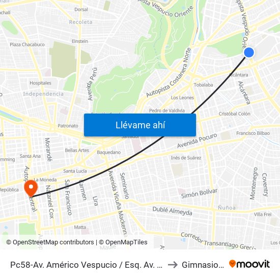 Pc58-Av. Américo Vespucio / Esq. Av. Pdte. Riesco to Gimnasio Udp map